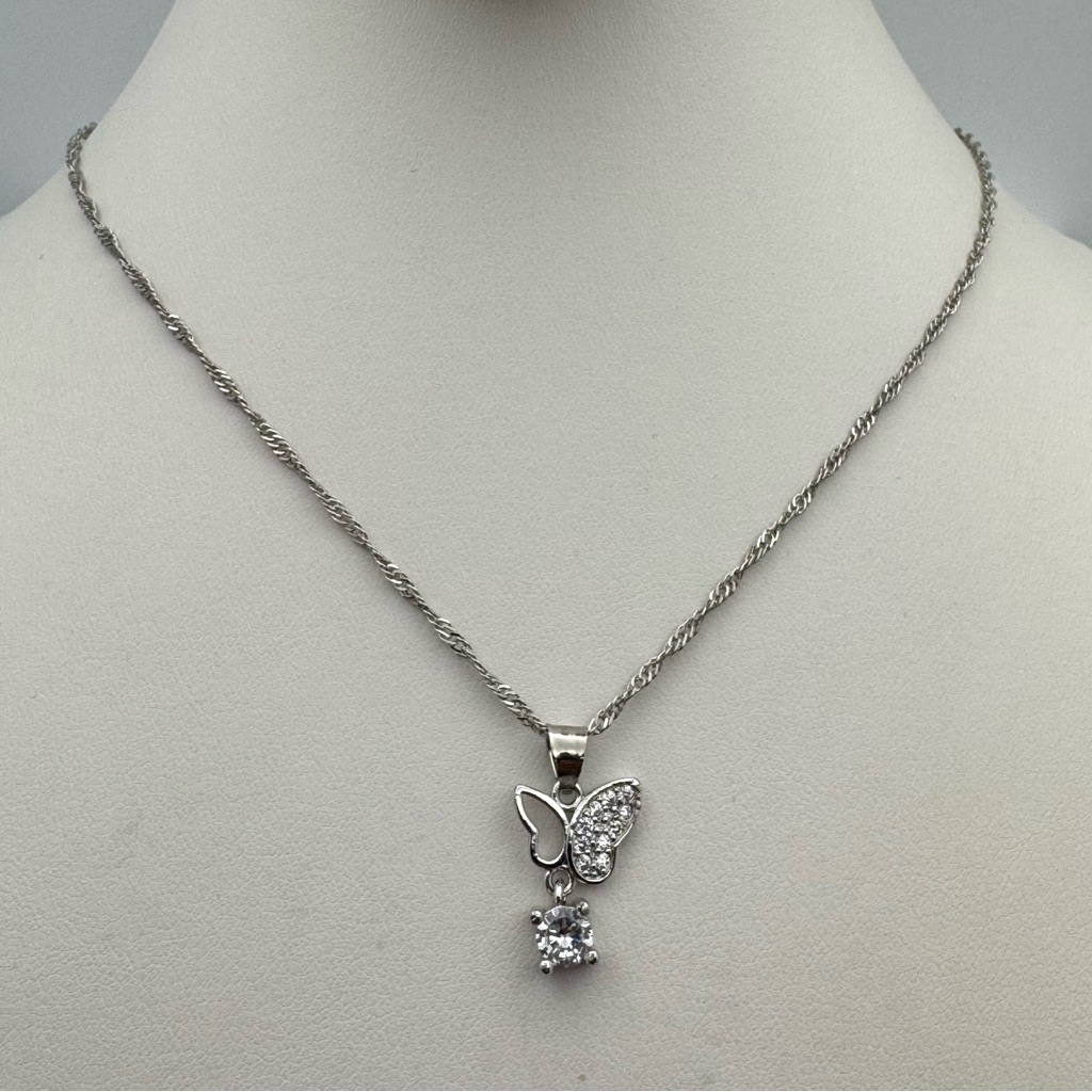 Butterfly Cubic Zirconia Pendant Necklace Silver Plated 18” New